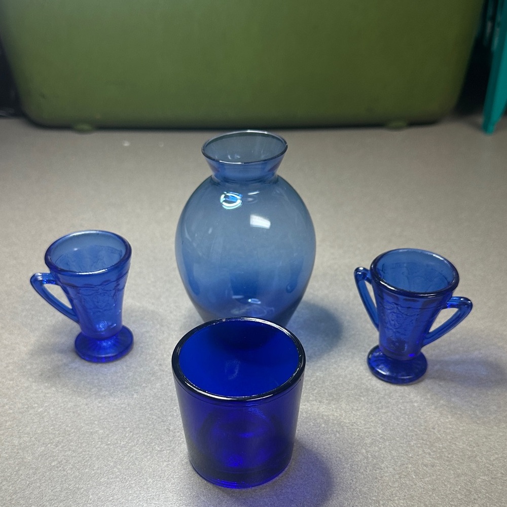 Cobalt blue miniature Glass Vase, Cup Set, and candle holder.